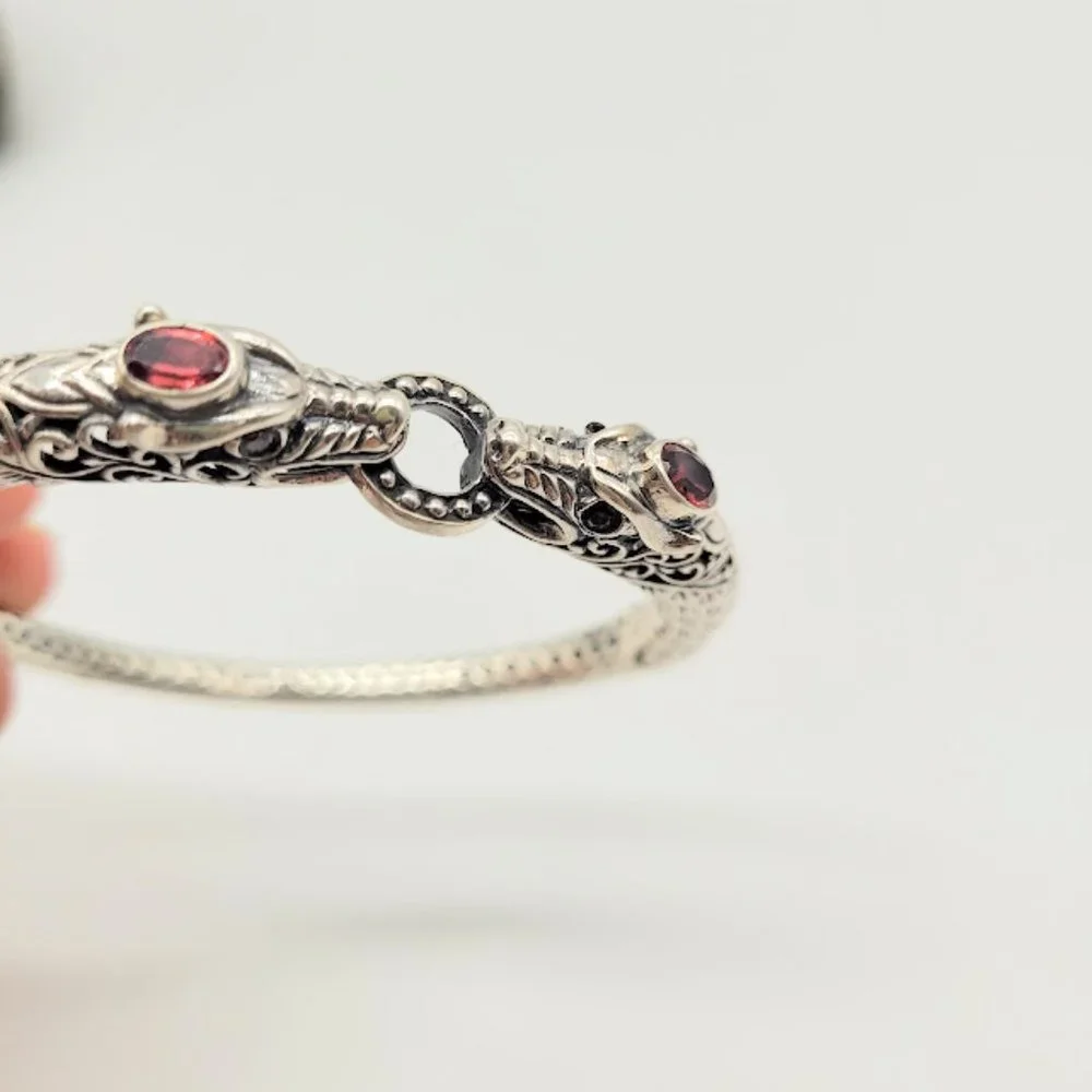 Sterling Silver Dragon Head Bangle Bracelet - Silver